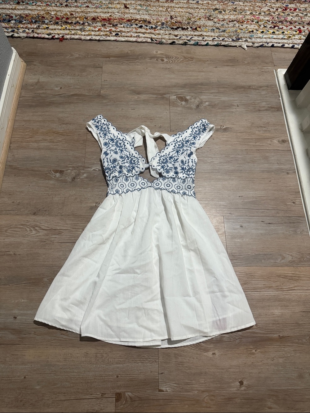 SHEIN White Dress with Navy Floral Embroidery